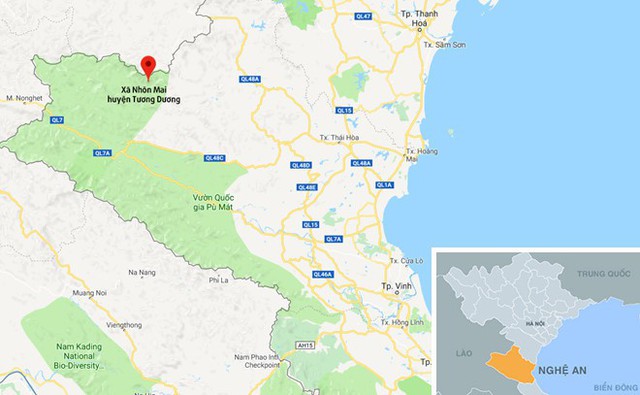 Xã Nhôn Mai, huyện Tương Dương (chấm đỏ) - nơi Đức bị bắt giữ. Ảnh: Google Maps.