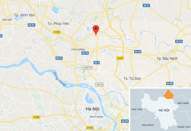 Xã Tiên Dược, nơi xảy ra vụ án cách trung tâm Hà Nội gần 30 km. Ảnh: Google Maps.