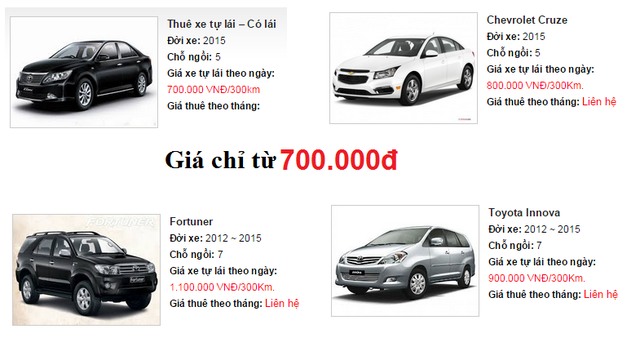 Giá cho thuê xe tự lái dao động khoảng từ 500.000 đồng đến 1,5 triệu/ngày tùy loại xe.