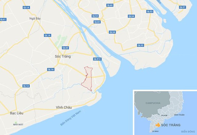 Xã Liêu Tú (màu đỏ) ở Sóc Trăng. Ảnh: Google Maps.