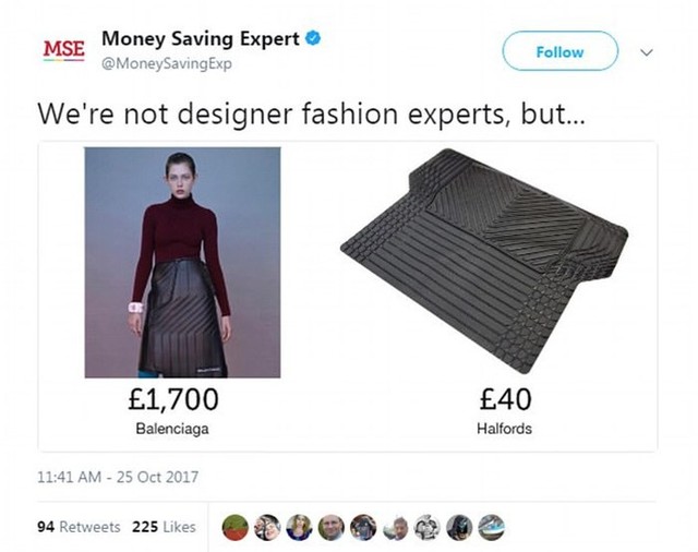 
Một trang tài chính so sánh hài hước hai hình ảnh tương đồng, chiếc váy da và chiếc thảm trải sàn xe hơi, nhưng mức giá thì khác nhau đến vô cùng.
