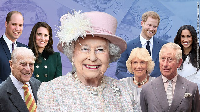 Từ trái qua phải: Hoàng tử William (trên), Công nương Kate, Hoàng tế Philip (dưới), Nữ hoàng Elizabeth II (giữa), Hoàng tử Harry (trên), hôn thê Meghan Markle (trên), Nữ công tước Camilla (dưới) và Thái tử Charles (dưới). Ảnh: CNN.