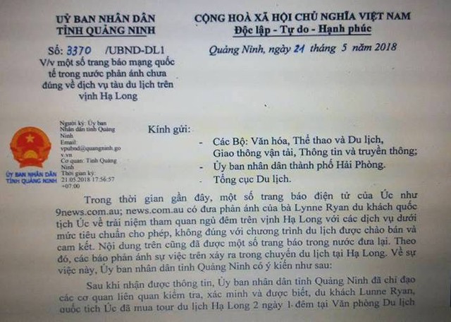 Công văn của UBND tỉnh Quảng Ninh về vụ việc. Ảnh: Đ.Tùy