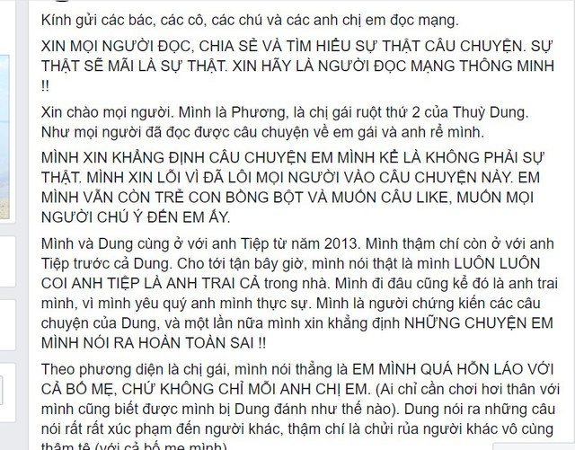 Ảnh chụp màn hình những chia sẻ của người tự xưng là chị gái ruột thứ 2 của Thùy D.