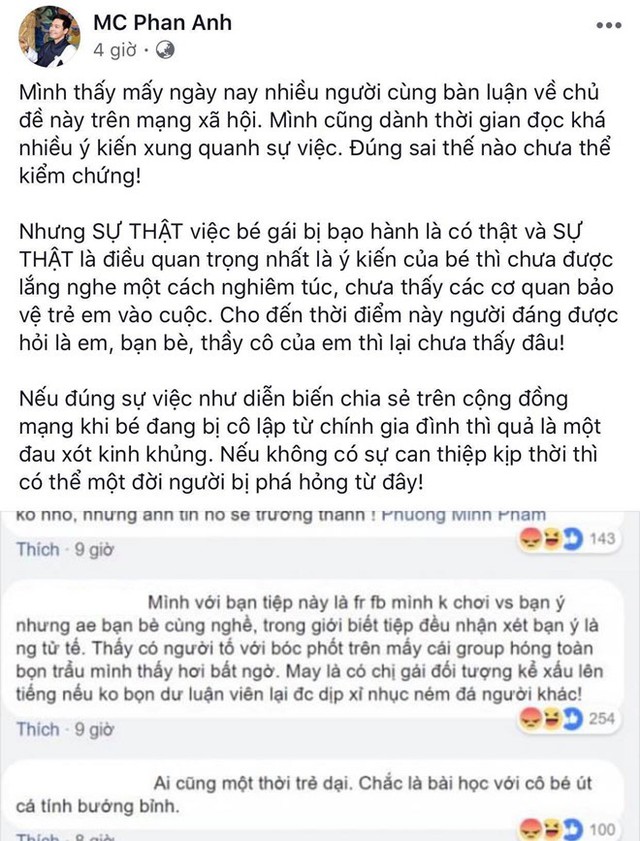 Nhạc sĩ Nguyễn Văn Chung bày tỏ ý kiến của mình, kèm hashtag kêu gọi #taychayMCMinhTiep. Trong khi đó, MC Phan Anh chia sẻ mong muốn cơ quan chức năng sớm vào cuộc. Ảnh chụp màn hình.