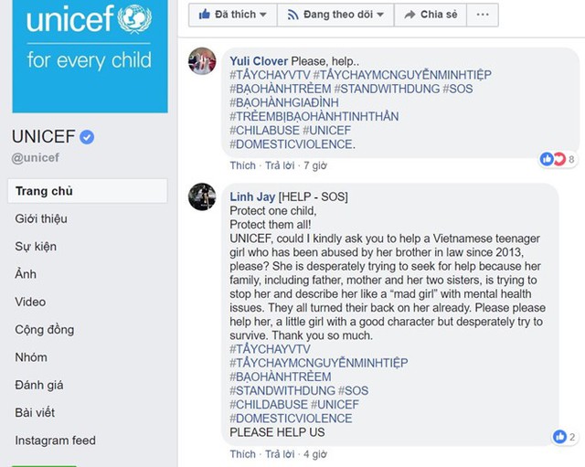 Một số dân mạng đề nghị Quỹ Nhi đồng Liên Hiệp Quốc (UNICEF) can thiệp để bảo vệ T.D. Ảnh chụp màn hình.