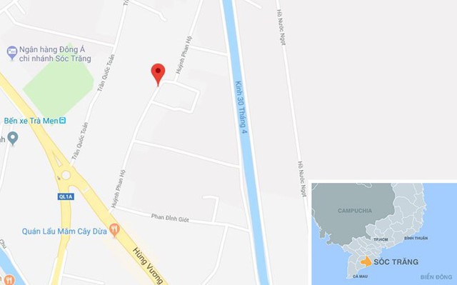 Đường Huỳnh Phan Hộ (chấm đỏ) ở Sóc Trăng. Ảnh: Google Maps.