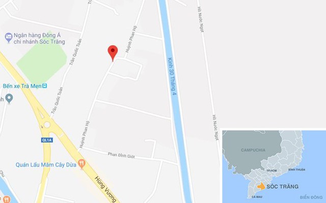 
Đường Huỳnh Phan Hộ (chấm đỏ) ở Sóc Trăng. Ảnh: Google Maps.
