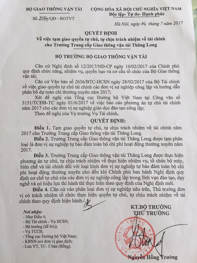 
Quyết định số 2054/QĐ-BGTVT ngày 14/07/2017 của Bộ Giao thông Vận tải về việc tạm giao quyền tự chủ, tự chịu trách nhiệm về tài chính cho Trường trung cấp GTVT Thăng Long
