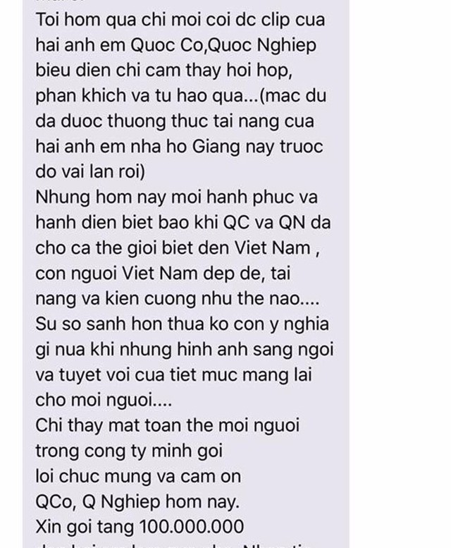 Nội dung tin nhắn của nữ doanh nhân thưởng nóng anh em Quốc Cơ - Quốc Nghiệp 100 triệu đồng.