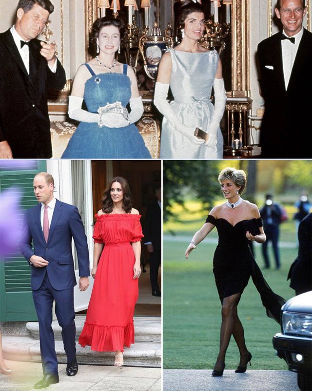 Nữ hoàng Elizabeth II (váy xanh, ảnh trên), công nương Kate và công nương Diana đều từng mặc trang phục hở vai.