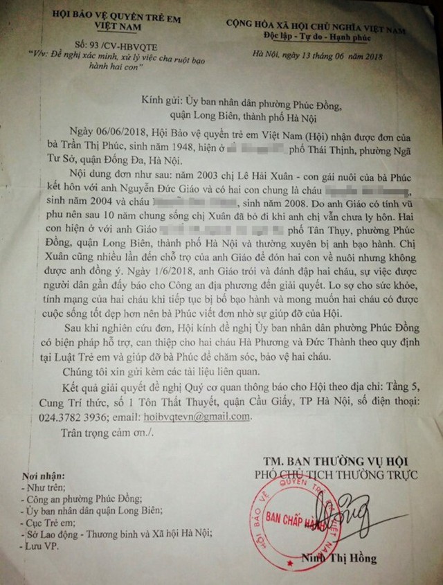 Công văn của Hội Bảo vệ quyền trẻ em Việt Nam gửi UBND phường Phúc Đồng yêu cầu can thiệp vụ việc bạo hành trẻ em. Ảnh: TT.