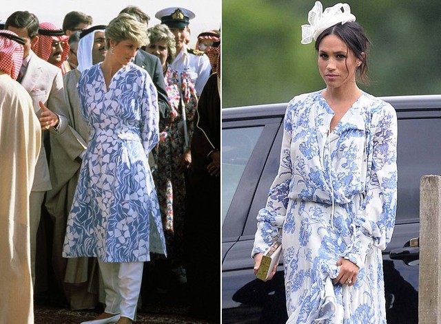 Người hâm mộ phát hiện mẫu váy Meghan diện có sự tương đồng lớn với chiếc áo dáng dài từng được mẹ chồng quá cố của cô mặc năm 1986. Ảnh: WireImage/BAV.