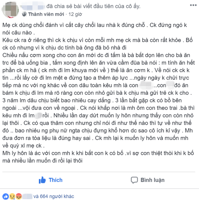 Nguyên văn câu chuyện được người vợ chia sẻ gây nhiều bức xúc cho các chị em. (Ảnh chụp màn hình)