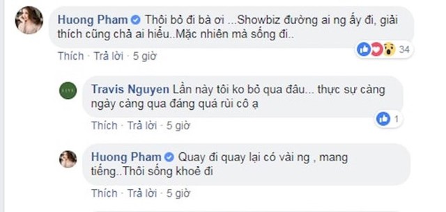 Hoa hậu Phạm Hương để lại bình luận khuyên Travis Nguyễn bình tĩnh và bỏ qua mọi chuyện. 