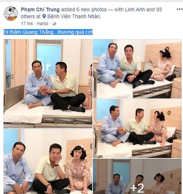 Status Chí Trung đăng khiên nhiều người nhầm tưởng anh và Vân Dung đang thăm Quang Thắng trong bệnh viện. (Ảnh: FBNV).