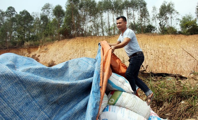Nguyễn Văn Hưng và lô hàng phân gà, phân trâu, phân bò mới nhập để cung cấp cho các nhà vườn lớn trong và ngoài tỉnh Bắc Giang.