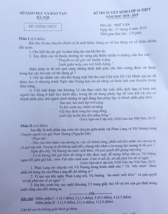 Đề thi Ngữ văn lớp 10 ở Hà Nội sáng 7/6. Ảnh: N.S.