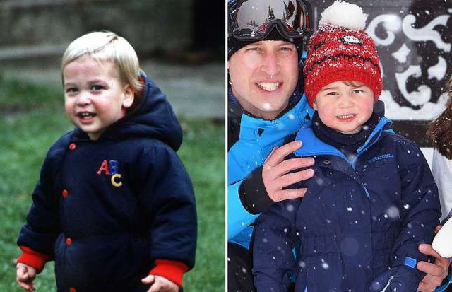 Ảnh tr&aacute;i chụp Ho&agrave;ng tử William tại cung điện Kensington v&agrave;o th&aacute;ng 12 năm 1983. Ảnh phải được chụp v&agrave;o th&aacute;ng 3 năm 2016 khi Ho&agrave;ng tử George c&oacute; chuyến đi trượt tuyết c&ugrave;ng bố tại Ph&aacute;p