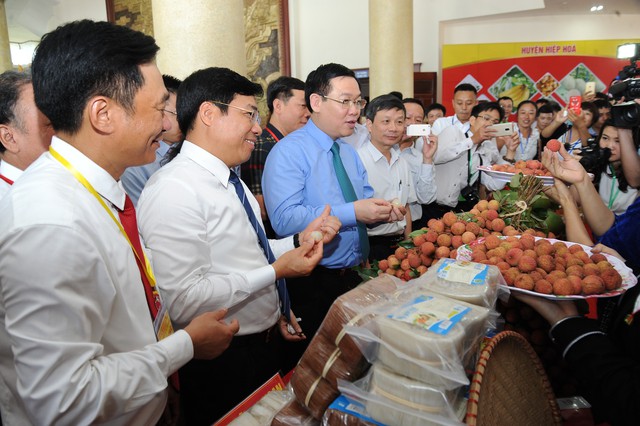 Phó thủ tướng Chính phủ Vương Đình Huệ tham quan các gian hàng trưng bày vải thiều