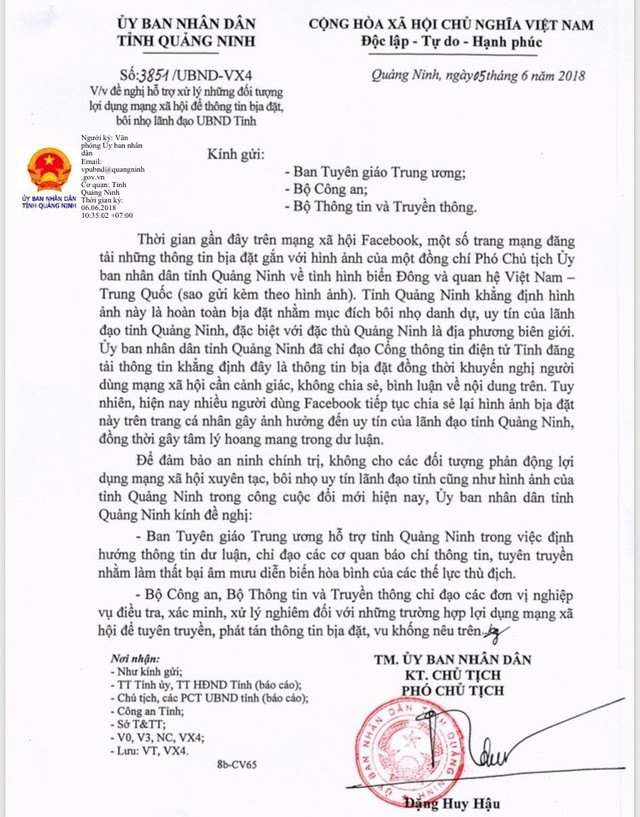 
Công văn của UBND tỉnh Quảng Ninh đề nghị cơ quan chức năng vào cuộc xử lý. Ảnh: Đ.Tùy

