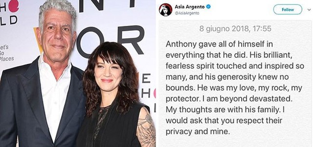 
Dòng chia sẻ của Asia Argento, bạn gái 2 năm của Anthony Bourdain trên Twitter sau cái chết của ông. Ảnh: REX.
