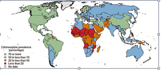 
Bản đồ thế giới về tỷ lệ sử dụng các biện pháp tránh thai, 2015.    (Nguồn: Liên Hợp Quốc)
