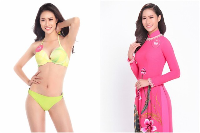 Thí sinh Lê Thị Hà Thu Chiêu trong trang phục bikini và áo dài.