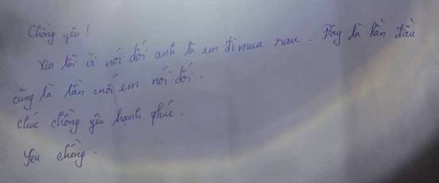 Lá thư nạn nhân để lại cho chồng và bố mẹ. Ảnh: Bạn đọc cung cấp