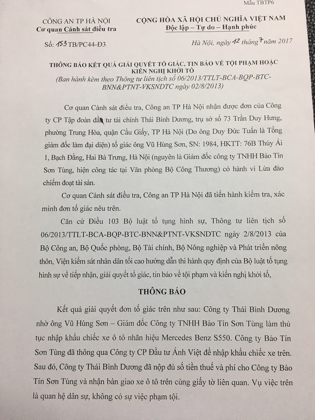 Thông báo kêt luận của công an TP Hà Nội khẳng định không có phạm tội trong vụ việc ông Vũ Hùng Sơn bị tố.