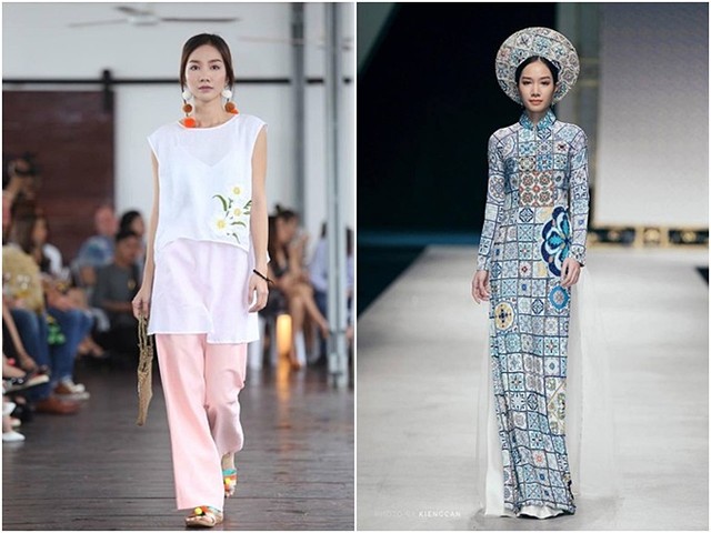 Người đẹp từng trình diễn trong nhiều show lớn nhỏ, trong đó có Tuần lễ thời trang quốc tế Việt Nam 2018 (ảnh phải).