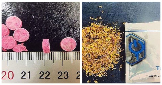 Các viên nén màu hồng chứa N-Ethylpentylone và Thảo mộc khô bị phát hiện chứa 5FR-MDMB-PICA lần đầu xuất hiện tại Việt Nam. Ảnh: TL