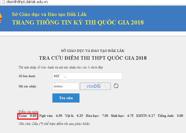 Điểm môn Toán của thí sinh theo công bố trước đó ngày 11/7 chỉ là 0,6.