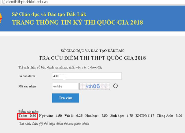 
Điểm môn Toán của thí sinh theo công bố trước đó ngày 11/7 chỉ là 0,6.
