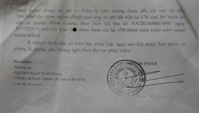 
Quyết định ly hôn của TAND huyện Ninh Giang giữa anh T. và chị H. được ban hành ngày 3/1/2018. Ảnh: Đ.Tùy
