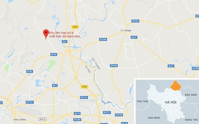 Vị trí khu liên hiệp xử lý chất thải Nam Sơn (điểm màu đỏ). Ảnh: Google Maps.