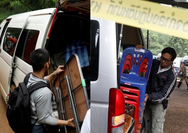 Nhà chức trách Thái Lan đã yêu cầu tất cả các cá nhân không tham gia nhiệm vụ giải cứu rời khỏi khu vực bên ngoài lối vào hang Tham Luang để tạo không gian cho chiến dịch diễn ra. Trong ảnh, phóng viên các hãng thông tấn quốc tế rút khỏi vị trí phía ngoài cửa hang. Ảnh: Straits Times.
