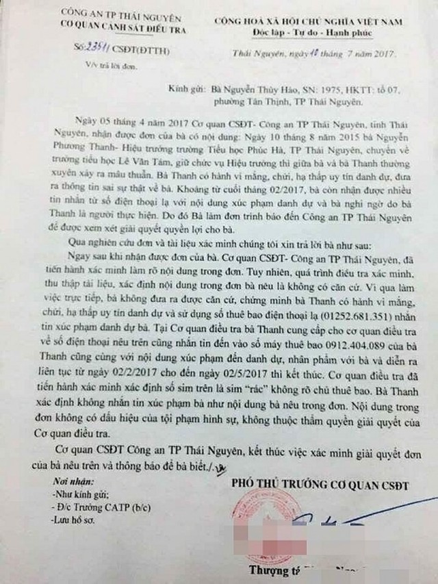 
Công an TP. Thái Nguyên, tỉnh Thái Nguyên có văn bản trả lời cho thấy nội dung đơn trình báo của bà Nguyễn Thúy Hảo là không có căn cứ. (ảnh: TG)
