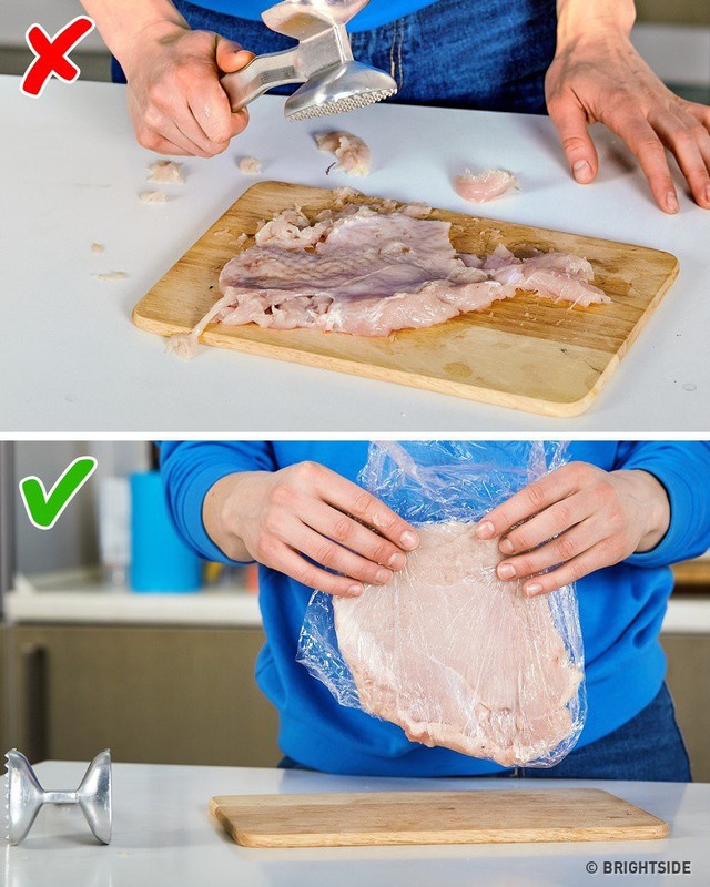
Trước khi làm mềm thịt, hãy bọc thịt bằng một miếng màng bọc thực phẩm. Bằng cách này, miếng thịt sẽ mềm ra nhưng không bay nước đá đóng đông trong bếp nhà bạn nên rất sạch sẽ.
