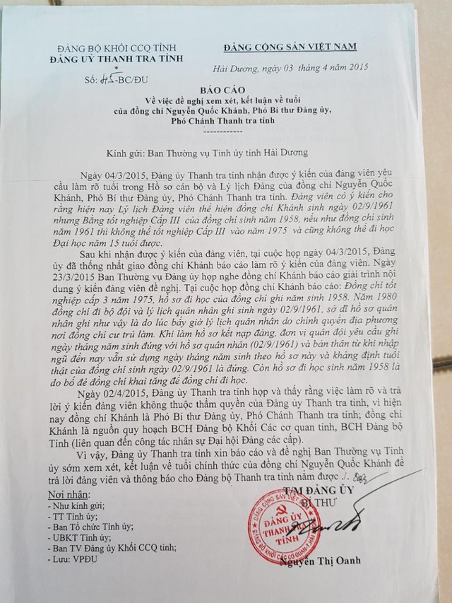 
Văn bản hỏi tuổi Phó Bí thư Đảng uỷ của Bí thư Đảng uỷ Thanh tra tỉnh Hải Dương năm 2015.
