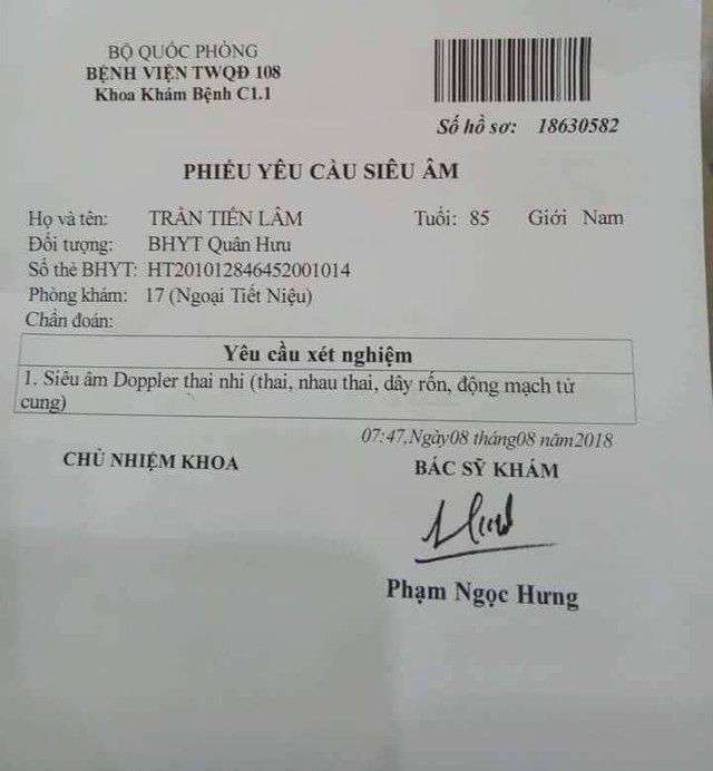  Phiếu yêu cầu siêu âm của Bệnh viện Trung ương quân đội 108 đối với  ông Trần Tiến L., 85 tuổi.