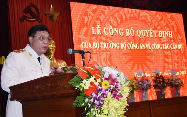 Thiếu tướng Nguyễn Hải Trung, tân Giám đốc công an tỉnh Thanh Hóa phát biểu lại buổi lễ nhận nhiệm vụ