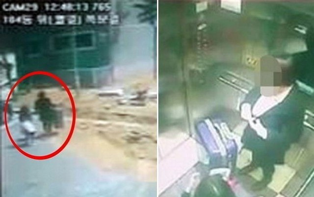 Hình ảnh trích xuất từ CCTV cho thấy Kim đã dụ dỗ bé Sarang vào thang máy cùng lên nhà trước khi ra tay tàn độc với nạn nhân.