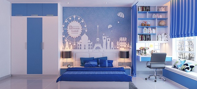 Kết hợp màu sắc mùa thu thành thiết kế nhà không chỉ dành cho phòng dành cho người lớn. Một màu sắc rực rỡ như màu xanh da trời cũng thích hợp trong phòng của trẻ nhỏ.