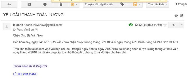 Nhân viên cho biết gửi mail yêu cầu thanh toán lương nhiều lần nhưng không nhận được câu trả lời.