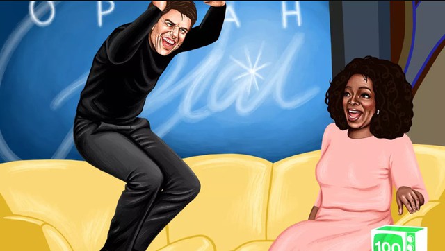 Tranh biếm họa cảnh Tom Cruise nhảy chồm chồm trên ghế sofa của Oprah Winfrey. Ảnh: The Ringer.