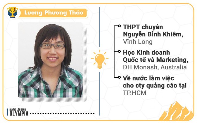 3. Lương Phương Thảo - cựu học sinh trường THPT chuyên Nguyễn Bỉnh Khiêm, Vĩnh Long - là quán quân Olympia năm thứ 3. Thảo theo học ngành Kinh doanh quốc tế và Marketing thuộc ĐH Monash, Melbourne, Australia. Sau khi tốt nghiệp thạc sĩ, Phương Thảo về nước làm việc cho một công ty quảng cáo tại TP.HCM. Thông tin này gây chú ý vào năm 2016 khi thời điểm đó, Thảo là quán quân duy nhất trở về nước làm việc.