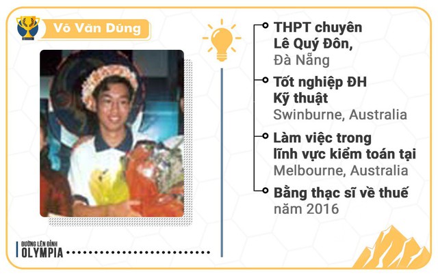 4. Võ Văn Dũng - cựu học sinh trường THPT Lê Quý Đôn, Đà Nẵng - là quán quân năm 4. Dũng tốt nghiệp ĐH Kỹ thuật Swinburne và làm việc trong lĩnh vực kiểm toán tại Melbourne, Australia. Anh đã có bằng thạc sĩ về thuế năm 2016.