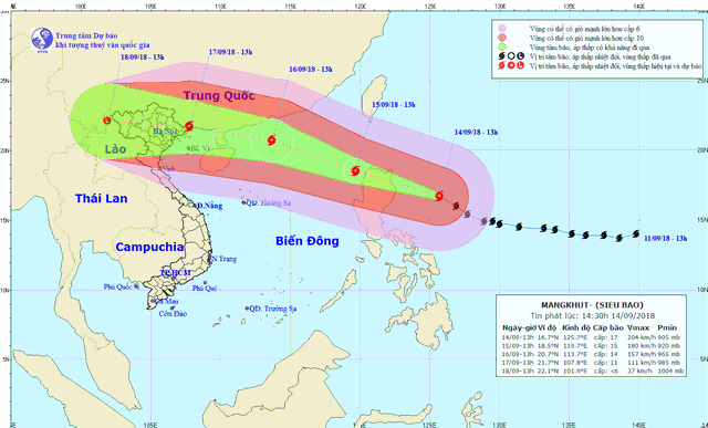 
Phạm vi siêu bão Mangkhut có khả năng ảnh hưởng trực tiếp là khu vực Bắc Bộ đến Thanh Hoá (gồm 27 tỉnh/tp), với cường độ rất mạnh (cấp 11-12, giật cấp 14) và gây mưa lớn cho Bắc Bộ, Bắc Trung Bộ. Ảnh: nchmf
