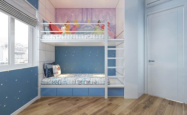 Phòng ngủ 2 con sử dụng giường tầng linh hoạt và cũng tạo cảm hứng cho các con.